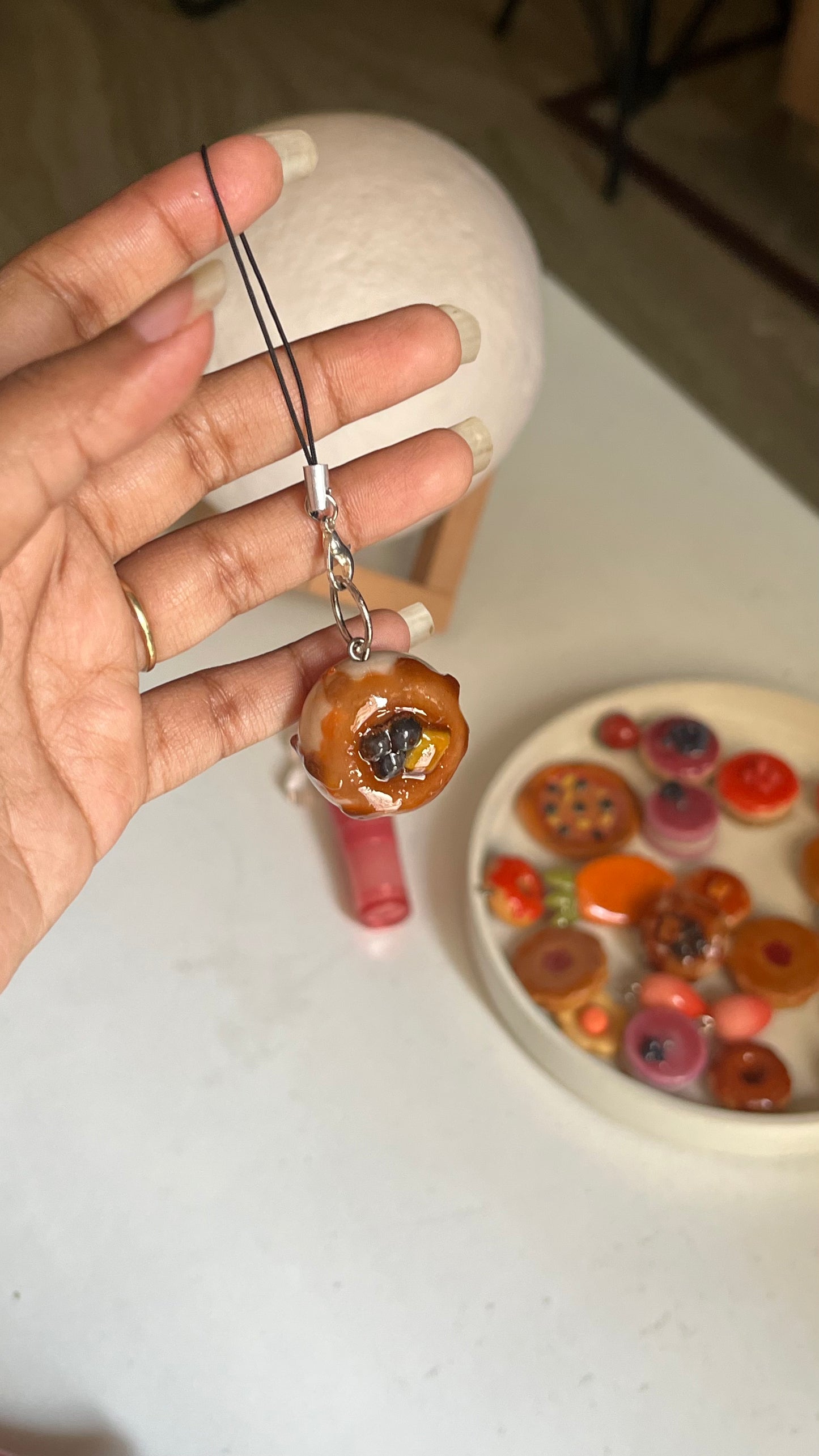 fluffy pancake with chocolate dripping charm